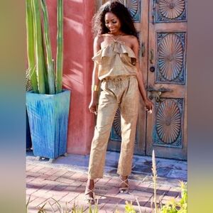 Gold Jumpsuit Rachel Walters. Chic Tan Strapless Jumpsuit Size S-M